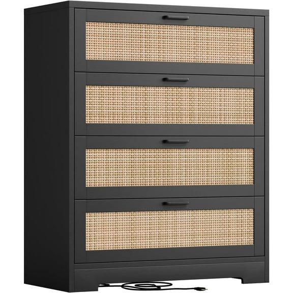 Towallmark Rattan Dresser, Tall Chest of Drawers, Wood Dresser for Bedroom, Closet, Living Room, Hallway (Black, 15.8" D x 31.5" W x 38.6" H (4 Rattan Drawers))