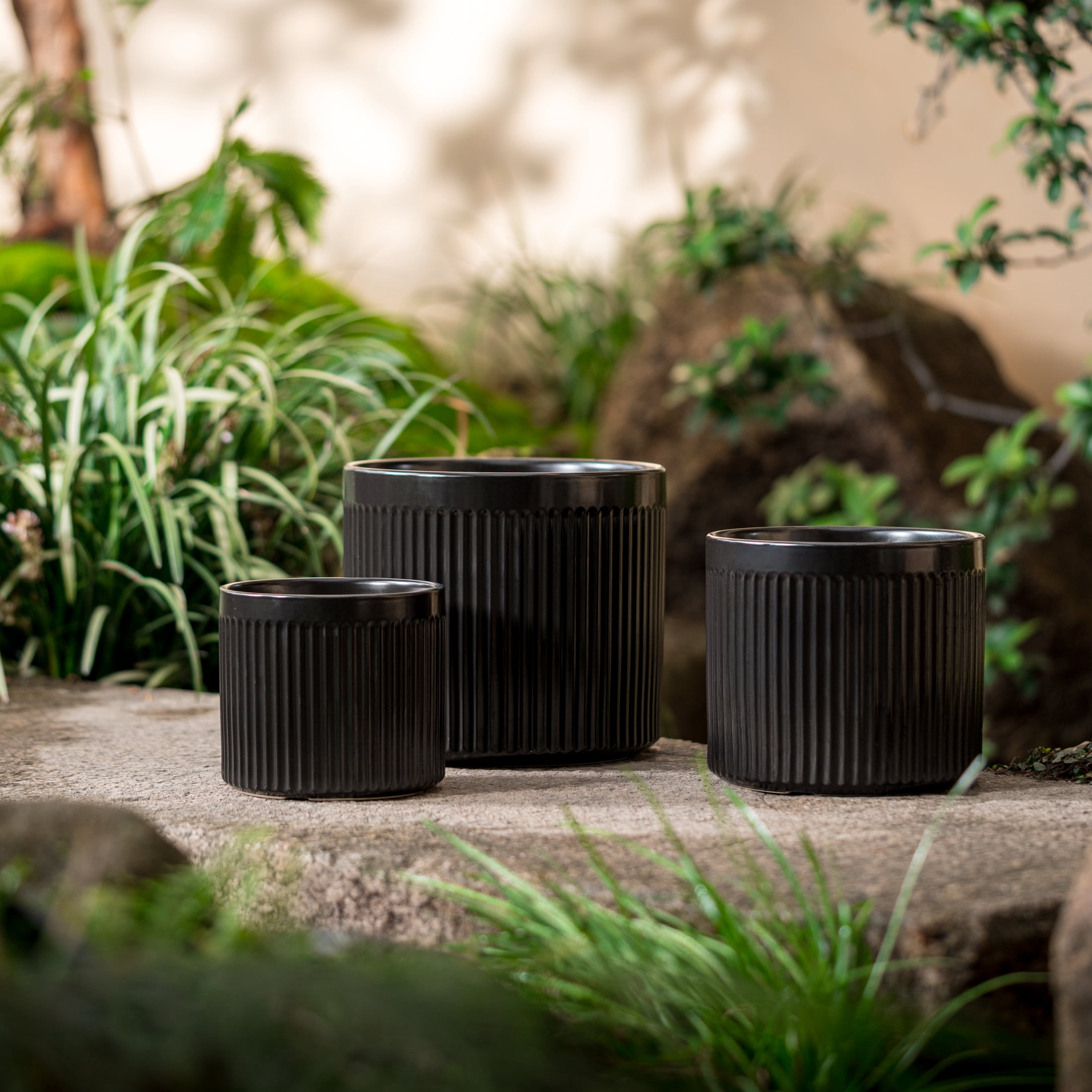 UMIAMOY Modern Cylinder Set of 3 Ceramic Flower Pots,5.7+7.0+8.6 inch Plant Pots with Drainage Holes and Saucer,Indoor Outdoor Planters for Home Patio Garden Decoration