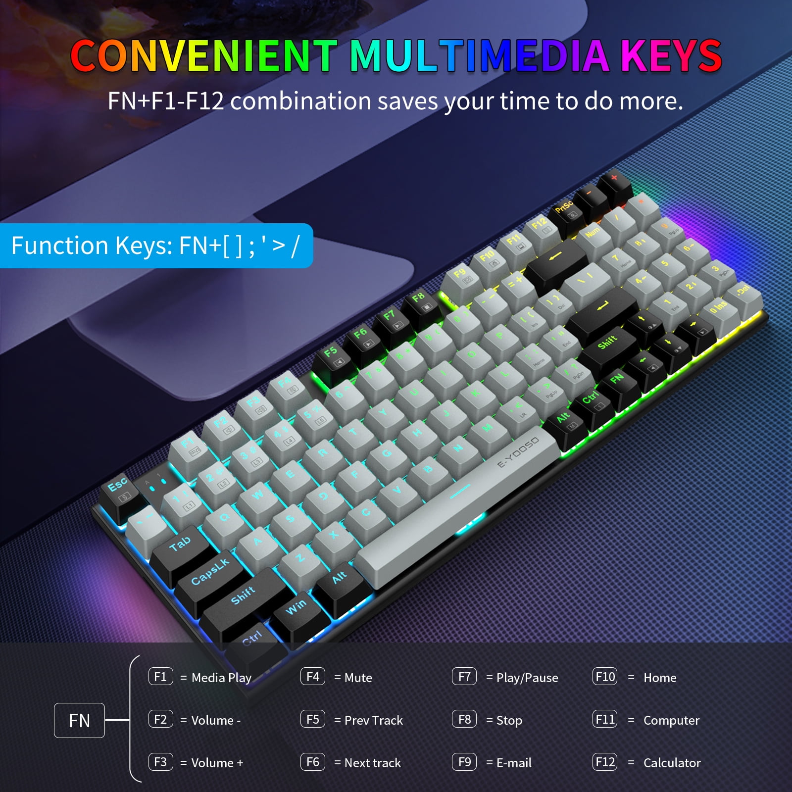 E-YOOSO Z-19 Mechanical Gaming Keyboard with Number Pad, True RGB Backlit, Hot Swappable Red Switches, Pro Software Supported, Wired Compact 94 Keys for PC/Computer/Laptop, Grey Black
