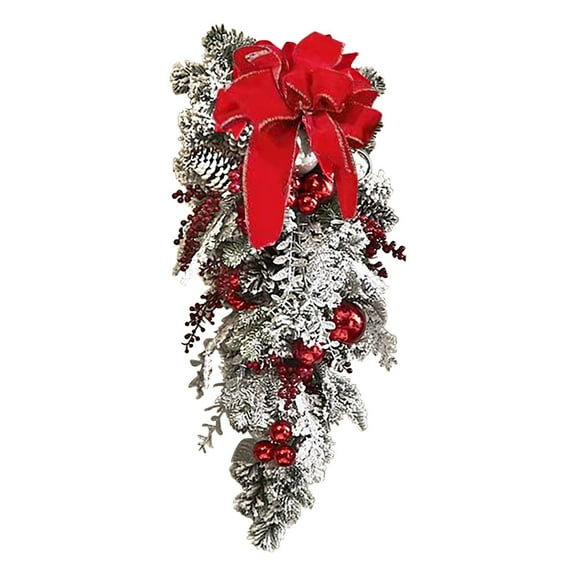 Christmas Teardrop Swags Outdoor Decor, Winter Wreath Cedar Swag with Bow Pinecone Red Berry, Front Door Hanging Christmas Decorations for Window Stairs Wall Xmas Holiday Decor