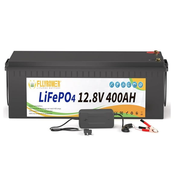 12V 400Ah Golf Carts LiFePO4 Battery with Charger,Built in 200A BMS,FLLYROWER for RV,Marine,Trolling Motor,Solar System,16000  Deep Cycles & 10 Years Lifetime