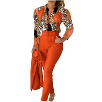 Women Two Piece Sets Fashion Casual V-Neck Printed Long Sleeved Top Add Solid Color Pants Set With Belt Orange XXL