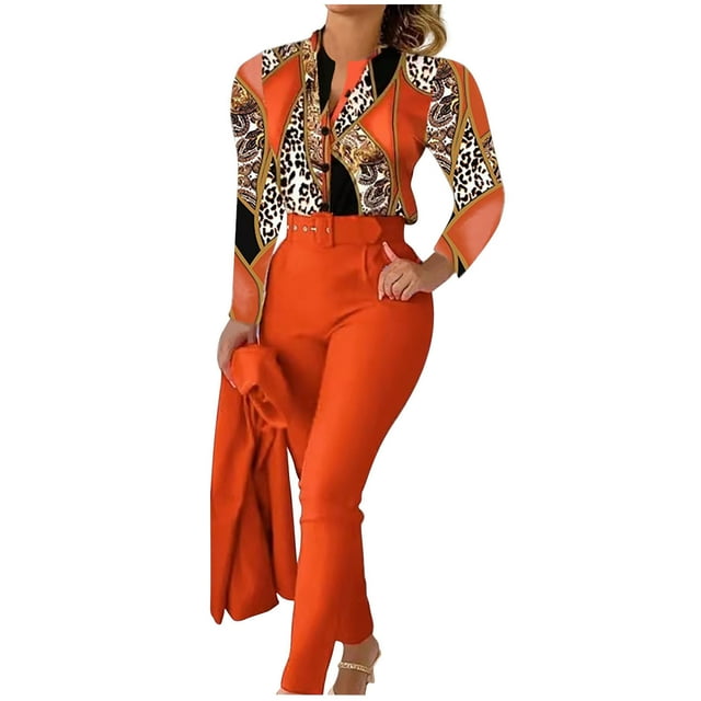 DPTALR Women V-neck Printed Long Sleeved Top Add Solid Color Pants Set With Belt