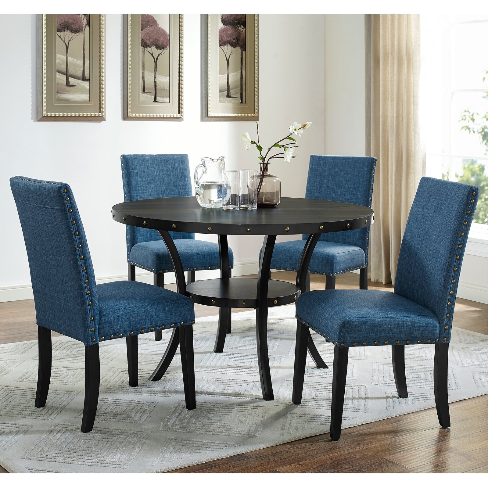 Roundhill Furniture Biony Blue Fabric Dining Chairs with Nailhead Trim, Set of 2
