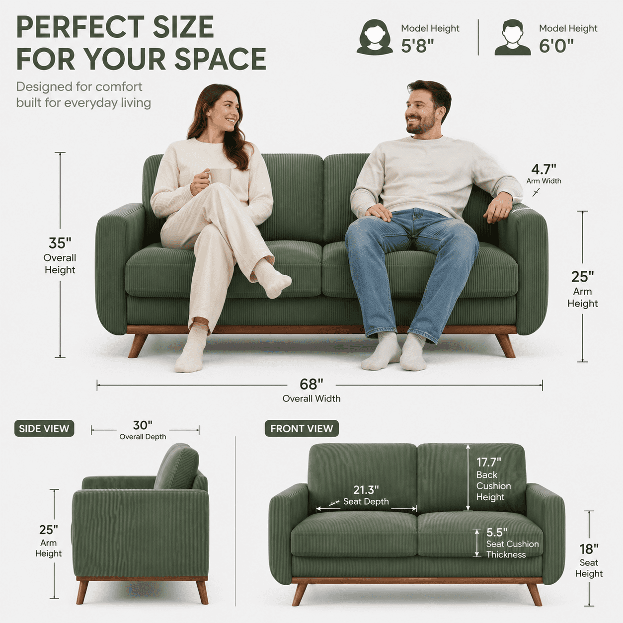 Neche 68" Corduroy Sofa for Living Room, 2 Seater Modern Couch for Small Space Office, Comfy Loveseat in a Box, Green
