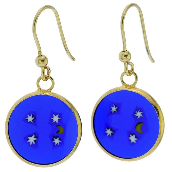 GlassOfVenice Murano Glass Millefiori Round Dangle Earrings "Moon and Stars" - Gold