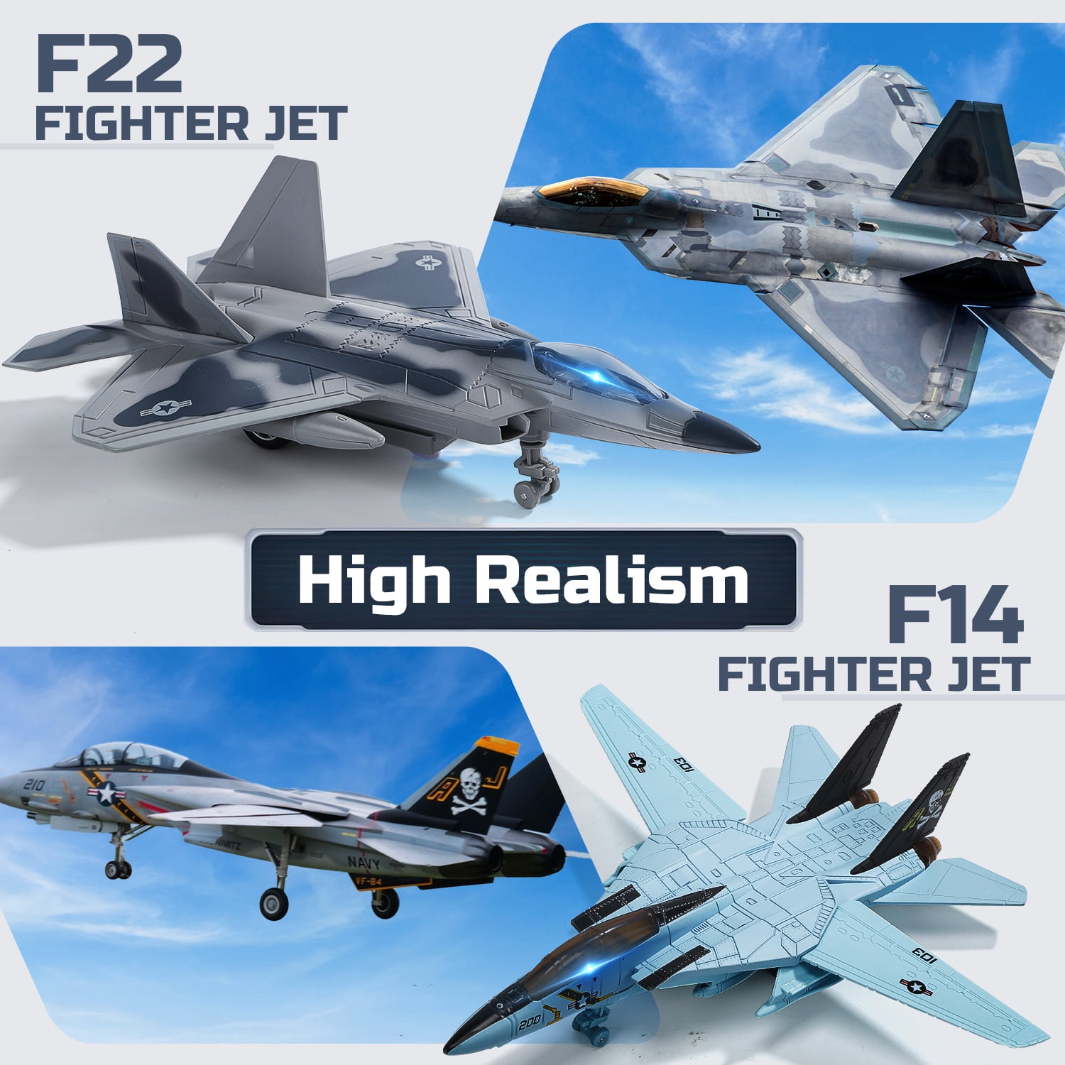 Metal Fighter Jet Toy, F14 & F22 Diecast Planes with Lights & Sounds, Pull Back Military Airplane Toy, Birthday Gift for Toddler,Kids, Boys