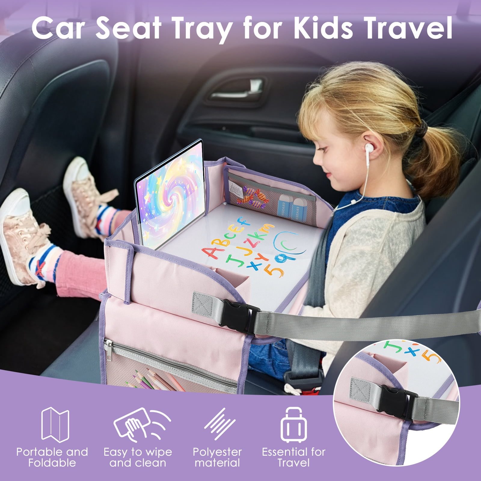 Carseat Table Tray for Kids Polyester Made Portable Drawing Board with Padded Shoulder Strap for Road Trip Activities