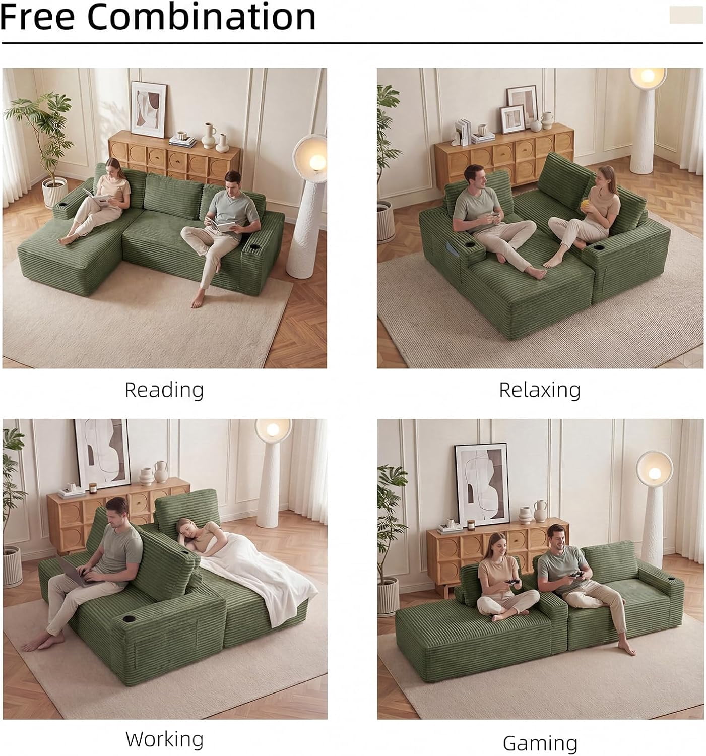 104" Cloud Modular Sectional Sofa, Corduroy Boneless L-Shape Chaise Couch with Deep Seat for Living Room Bedroom, No Assembly Required