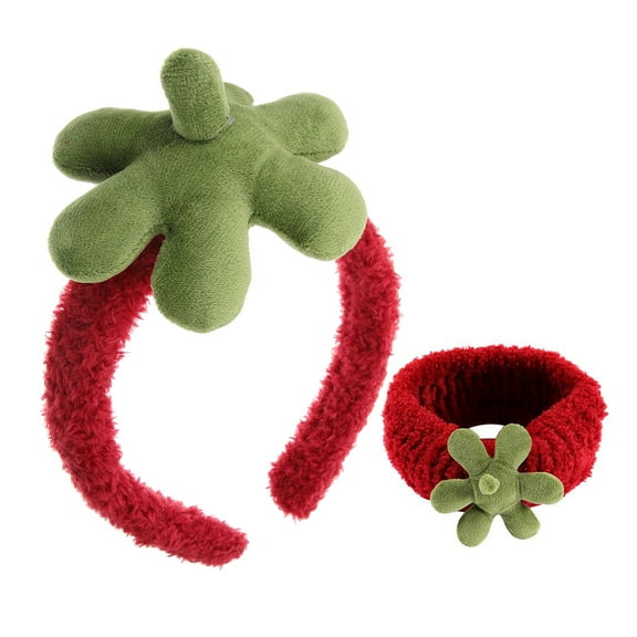 ELAYARD 2-Pack Red Strawberry Plush Skincare Headband and Wristband Set Soft Hair Bands for Face Washing and Styling