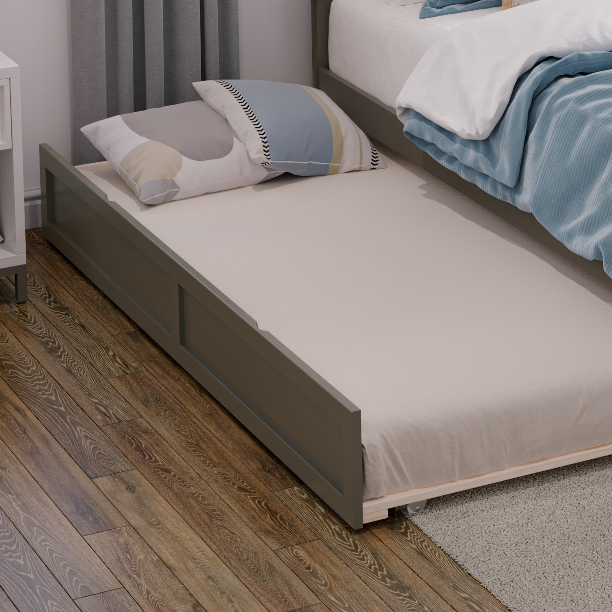 AFI Twin Roll Out Wood Trundle Bed Frame with Wooden Slat Supports, Grey