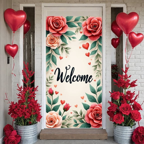 Red Roses Welcome Banner Green Leaves Floral Display Heart Patterns Watercolor Font Rose Backdrop for Home Decoration Party Welcome Wedding Reception