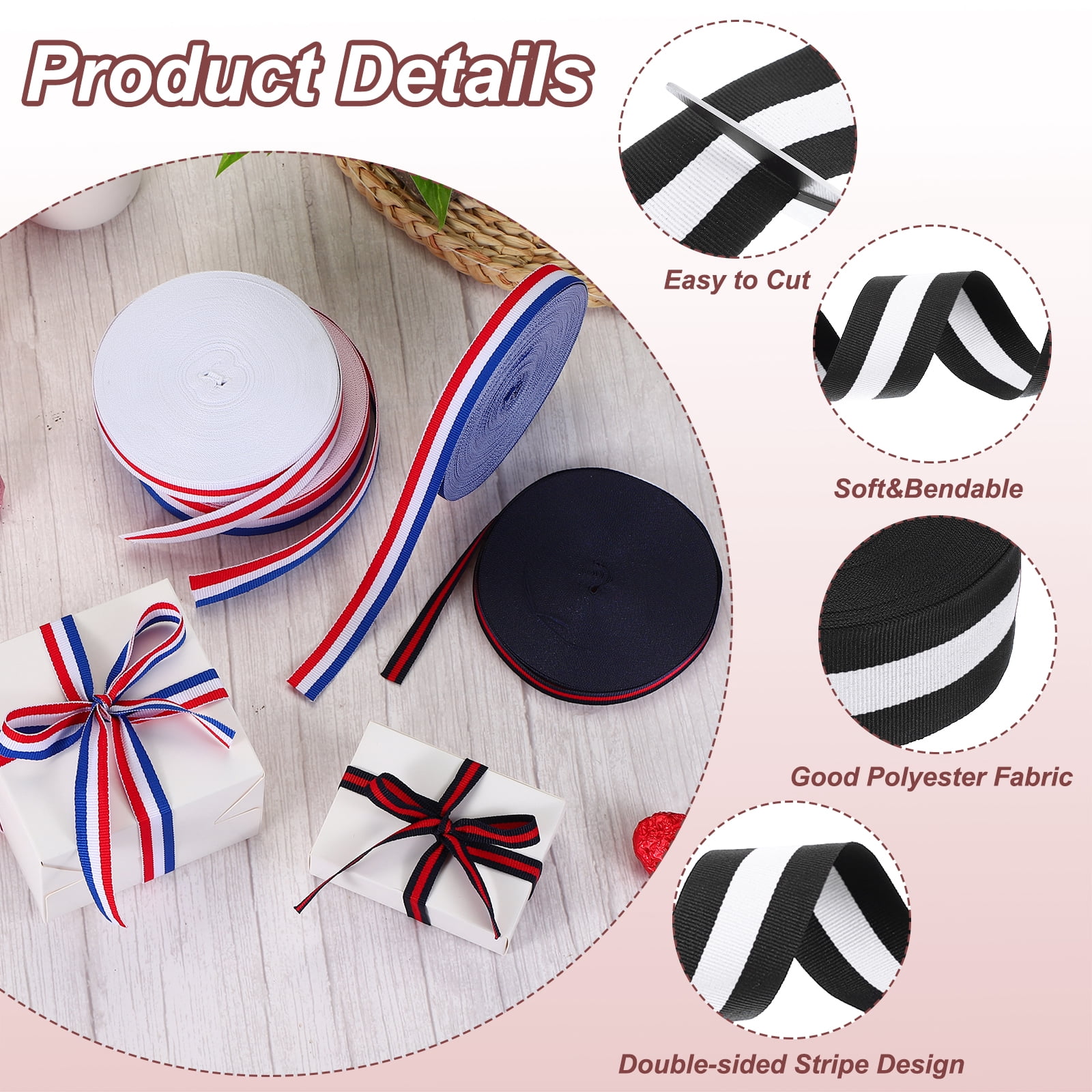 Uxcell 1-5/8" Black White Striped Grosgrain Ribbon 25 Yard Polyester Stripe Ribbon