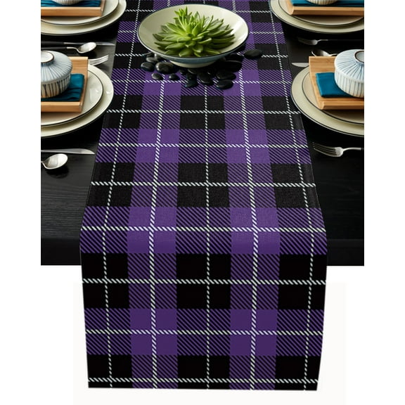 Purple Black Buffalo Check Table Runner 60 Inch Long Dresser Scarves Cotton Linen Tablerunners Farmhouse Modern Plaid Dining Kitchen Burlap Table Setting Decor for Wedding Party Holiday, 13"x60"