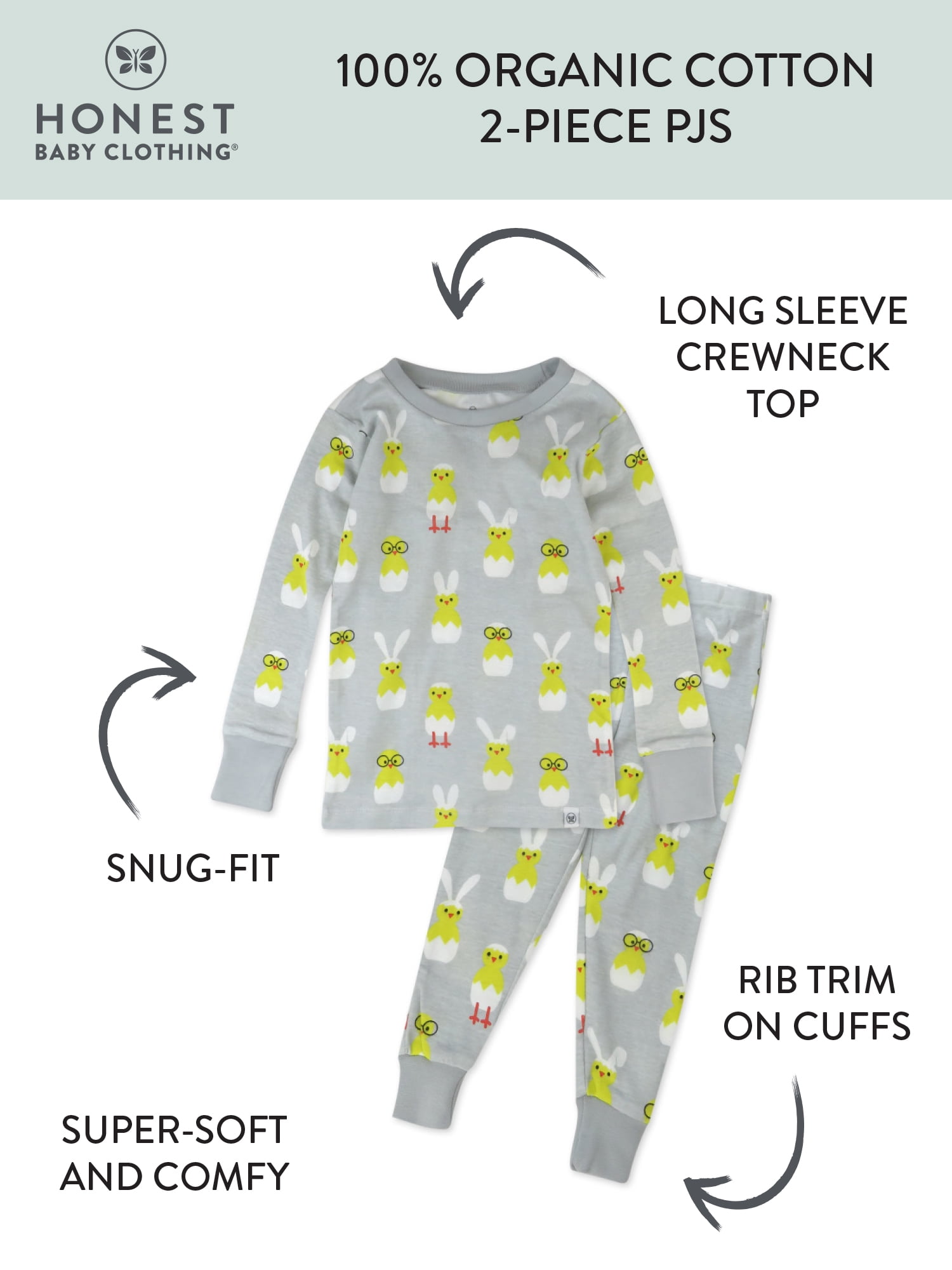Honest Baby Clothing Organic Cotton Easter Baby Boy/Girl 2-Piece Long Sleeve Pajama Set, Sizes 12M - 24M