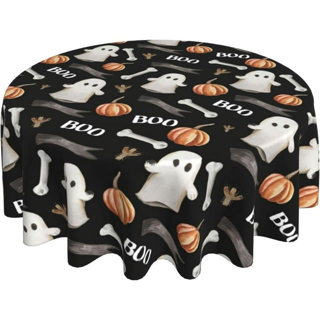 Nappe Noire d'Halloween Ronde 60 Pouces Boo Fantôme Mignon Citrouilles Orange Nappe Décorative Lavable Résistante aux Plis et aux Taches Polyester Couverture de Table pour Fête Dîner Pique-Nique