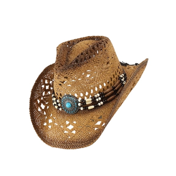 Yokua Western Design Sun Hat Breathable Woven Straw Panama Hat with Ethnic Hat Band