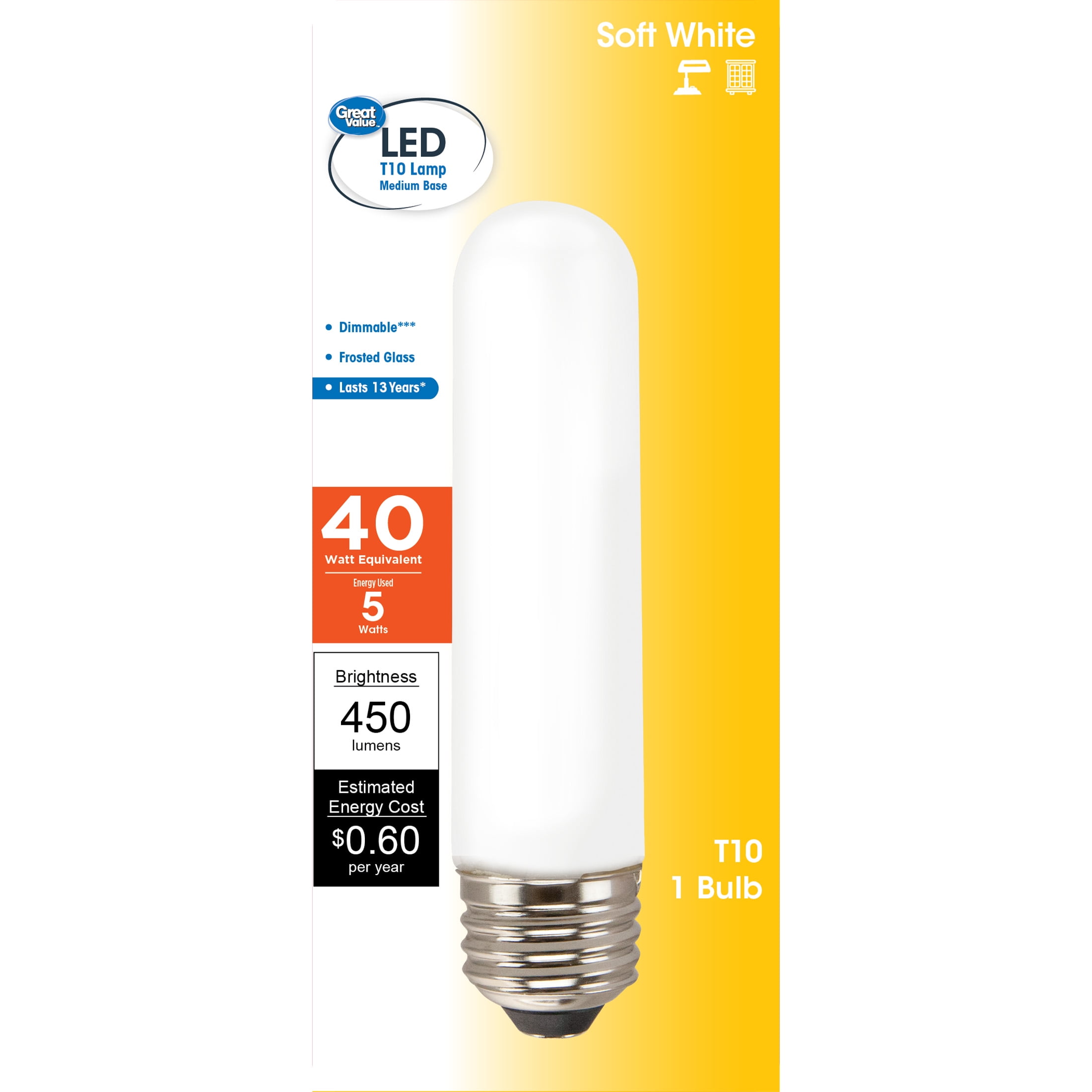 Great Value LED Light Bulb, 5 Watts (40W Equivalent) T10 Frosted Tube Lamp E26 Medium Base, Dimmable, Soft White, 1-Pack