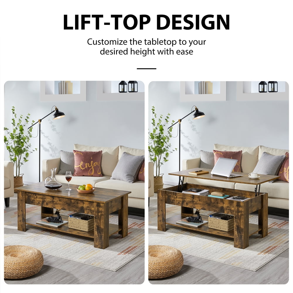 Alden Design Modern 47.5" Wood Lift Top Coffee Table with Lower Shelf for Living room, Rustic Brown