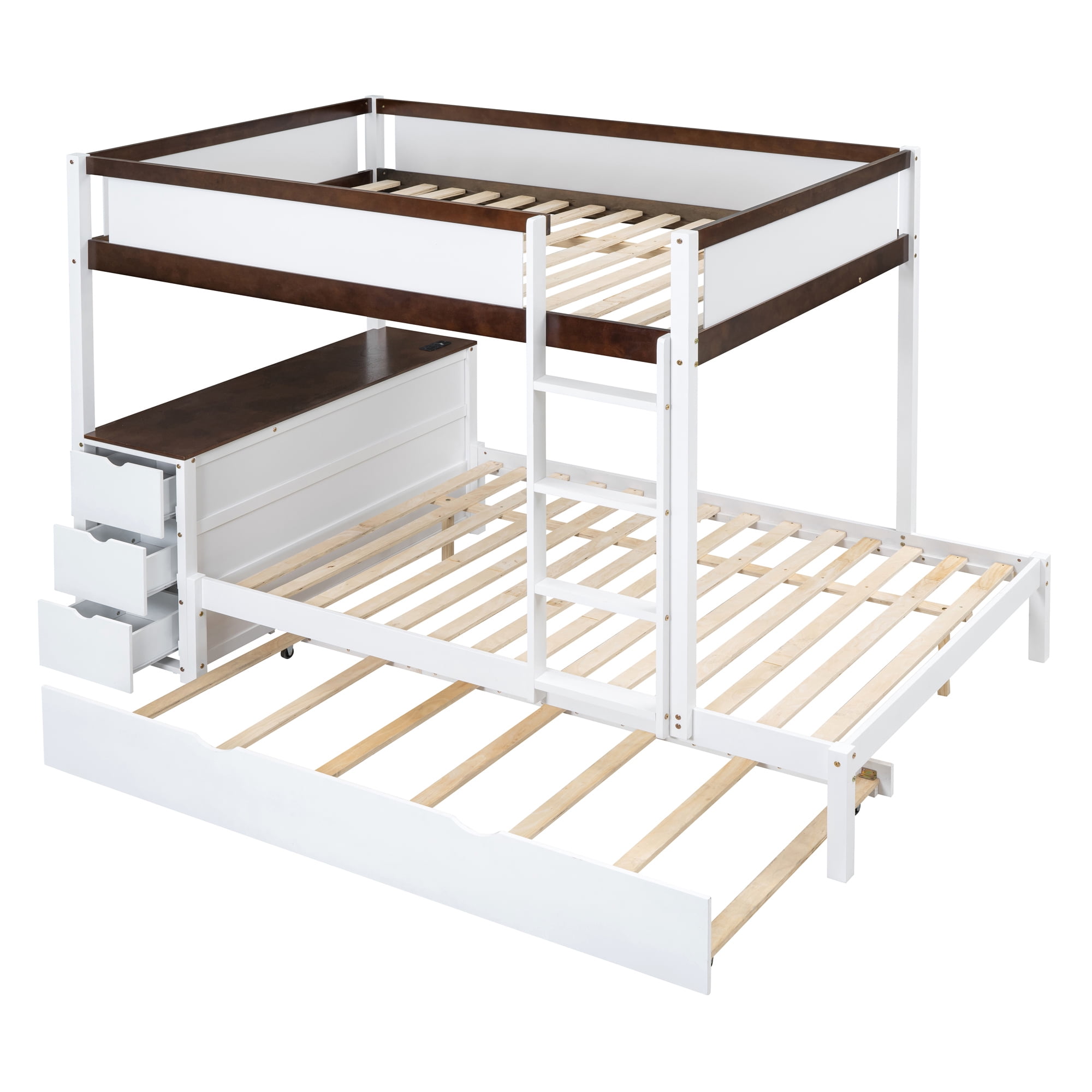 Full-Over-Full Bunk Bed with Twin size Trundle and 3 Storage Drawers, Solid Wood Floor Bunk Bed with Desk, Ladder and Guardrails for Kids Teens Adults