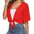 thumbnail image 6 of Bexdxz Women's Chiffon Cropped Shrugs for Dress Short Sleeve Tie Front Cardigan Red M, 6 of 7