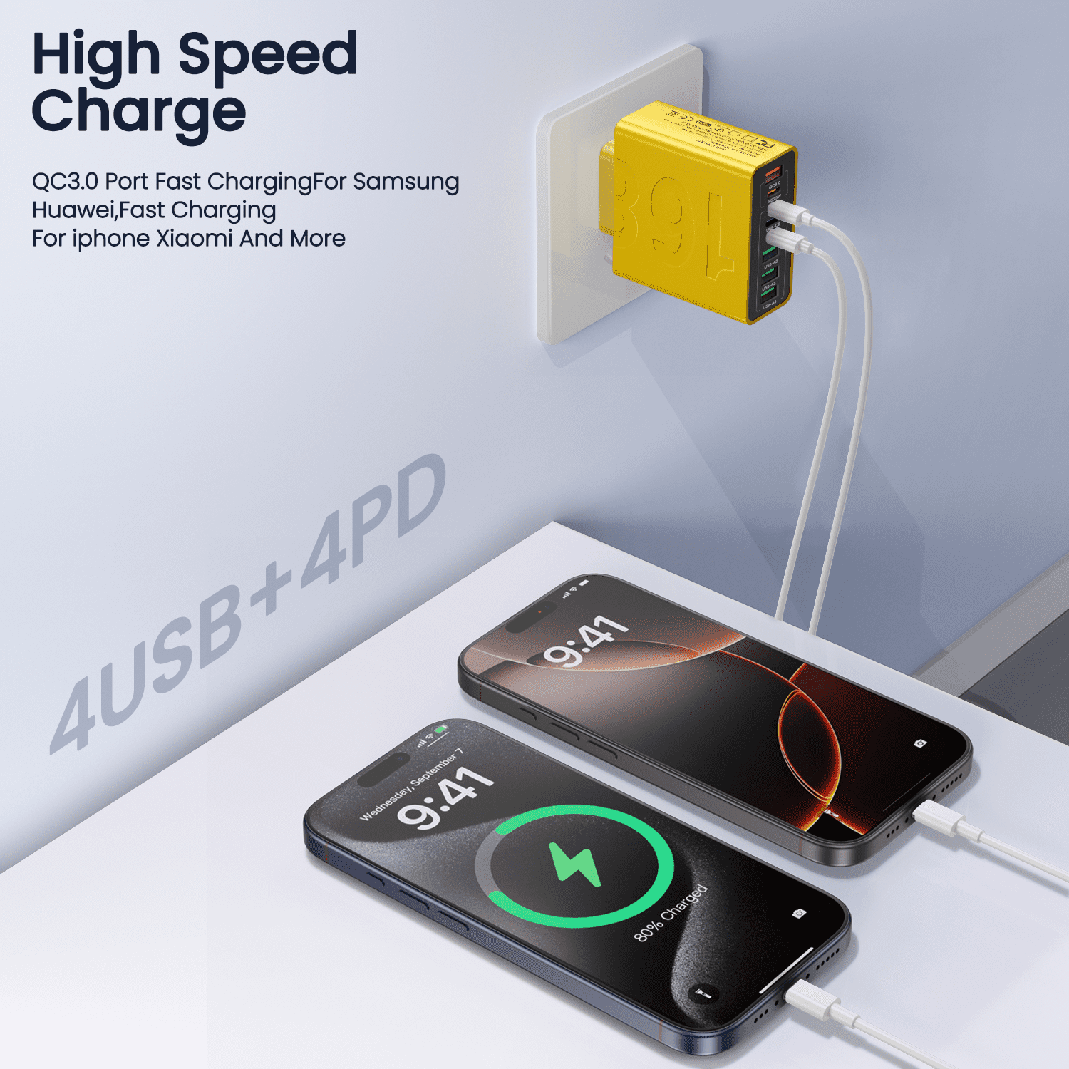 FOBIANJIE - Eight-Port USB-C and USB-A Wall Charger, Type-C Charger, Cubic Design Power Adapter, Multi-Port Plug, White/Black/Yellow – Compatible with iPhone, iPad, AirPods, Samsung Galaxy, Note, Pix