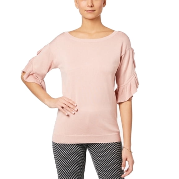 NY Collection Low Back Ruffled Sleeve Sweater Faint Rose XL