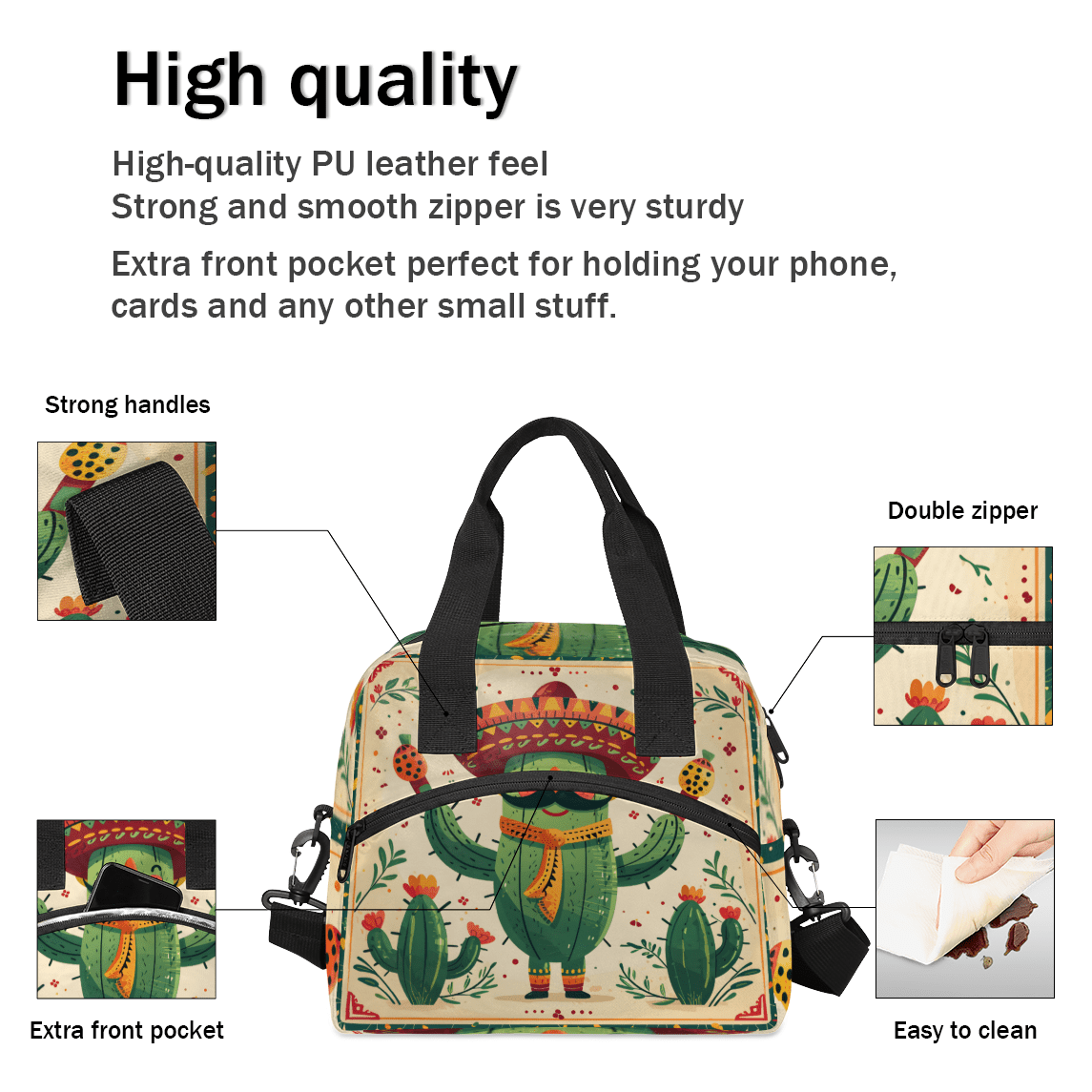 Herdesigns Hippie Cactus Insulated Lunch Bag for Women Men Adults Large Reusable Lunch Box Funny Cactus Leakproof Cooler Tote Bags with Adjustable Shoulder Strap