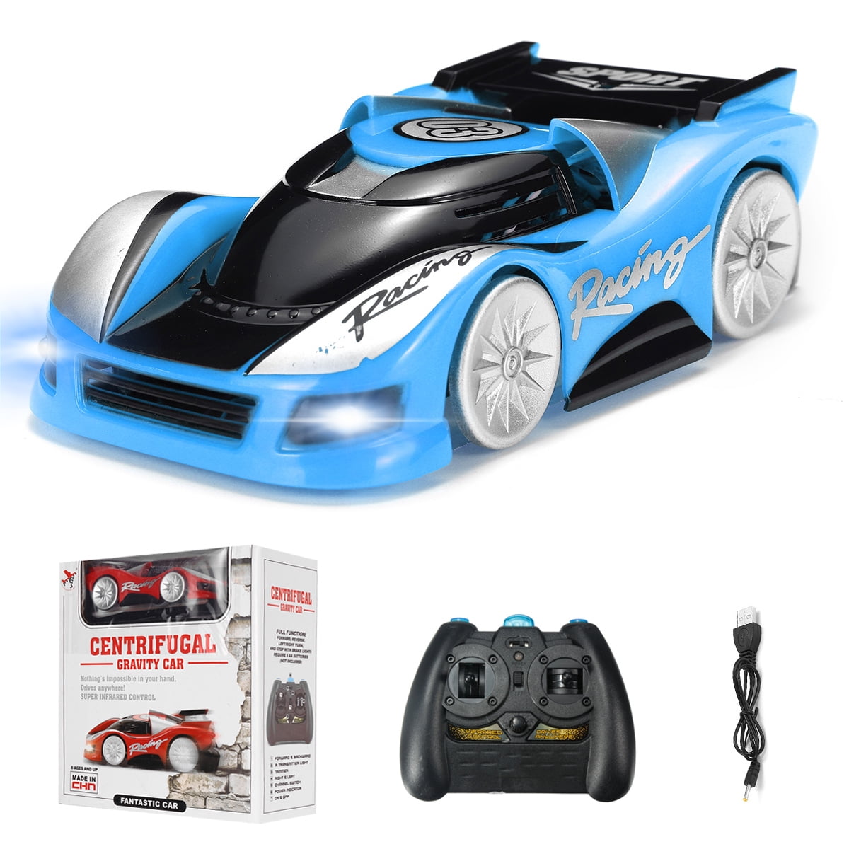 Blue Wall Climbing Remote Control Car Rc Cars,360°Rotating Stunt Toy Car,Latest Headlights and Taillight Rechargeable High Speed Cool Toys for Boy Girl Kids Toddlers Birthday Gifts 