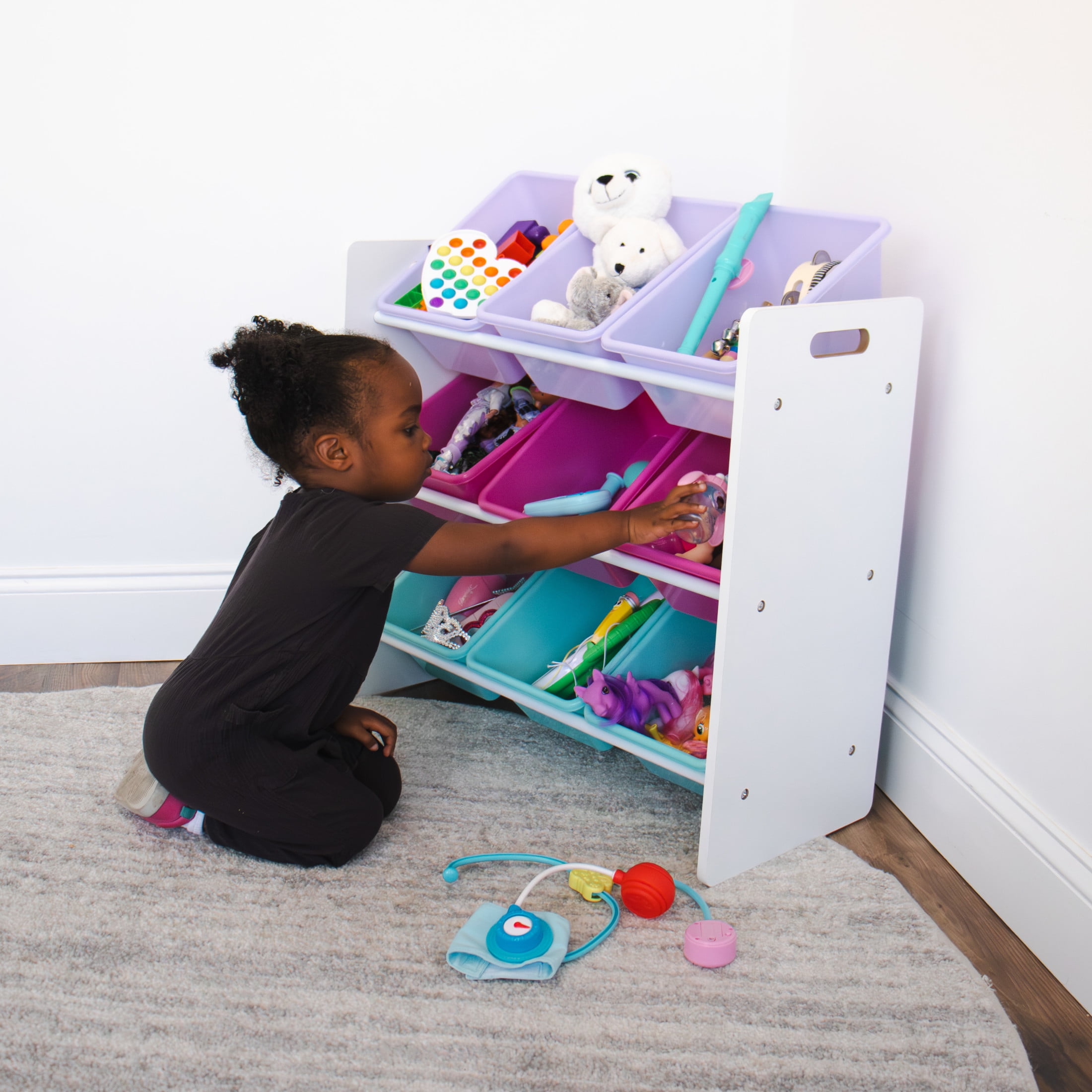 Humble Crew Forever Toy Storage Organizer with 9 Plastic Storage Bins, White/Pink/Purple/Turquoise