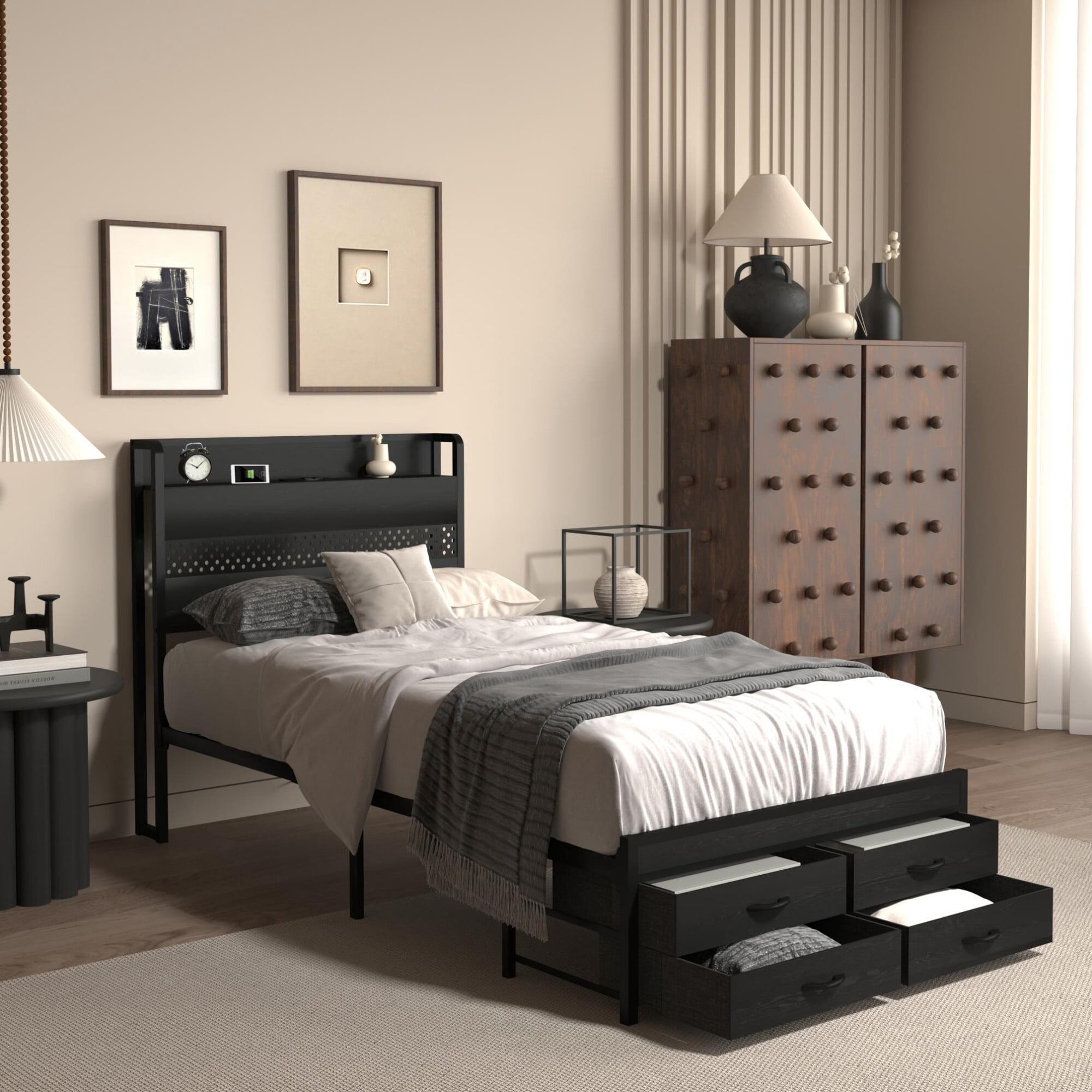 AENKYO Twin Size Bed Frame with 4 Storage Drawers, LED Lights, Charging Station Headboard, Black