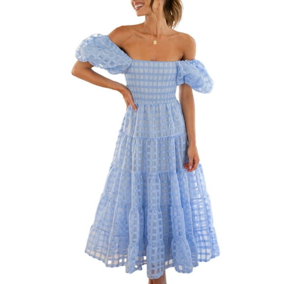 Women 2023 Off Shoulder Summer Midi Dress Puffy Short Sleeve Square Neck Smocked Gingham Tulle Tiered Ruffle Dresses