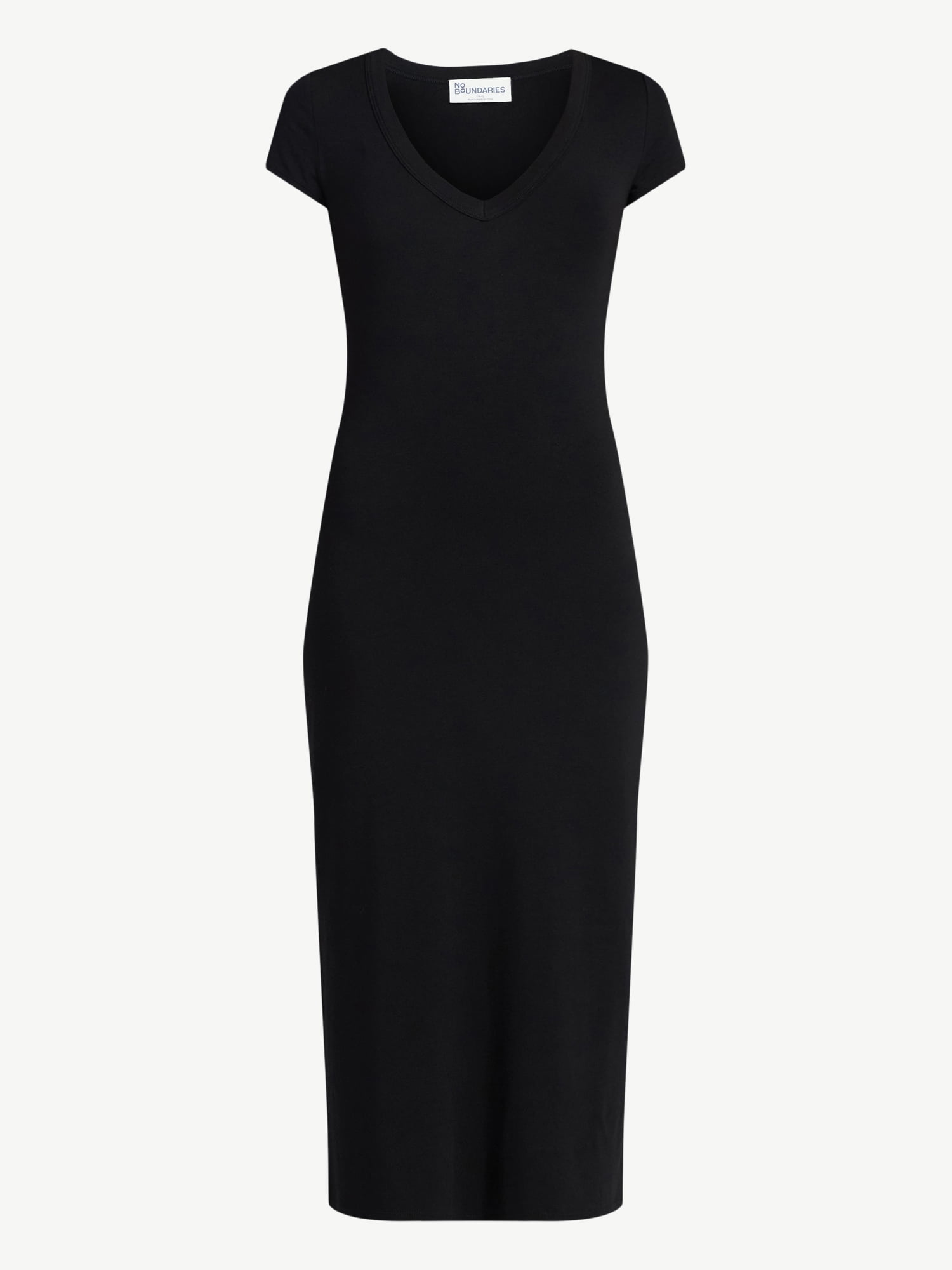 No Boundaries Deep V-Neck Maxi Dress with Cap Sleeves, Women's Sizes XXS-XXL