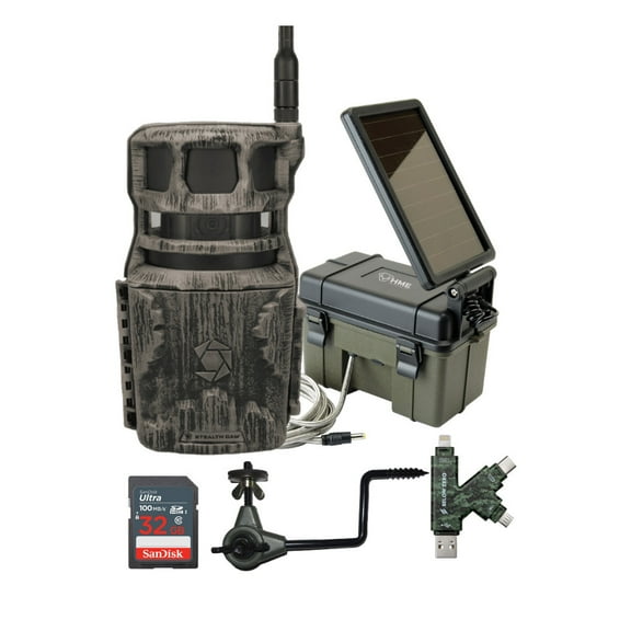 Stealth Cam Revolver 40MP Pro 360-Degree Cellular Trail Camera Bundle with Trail Camera 12V with Solar Auxiliary Power Pack, Trail Camera Holder, 32GB Memory Card, and SD Reader and Writer (5 Items)