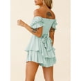 thumbnail image 4 of Women's Casual Romper Off Shoulder Short Sleeve Double Layer Ruffle Hem Jumpsuits High Waist Tie Short Romper Dress, 4 of 6
