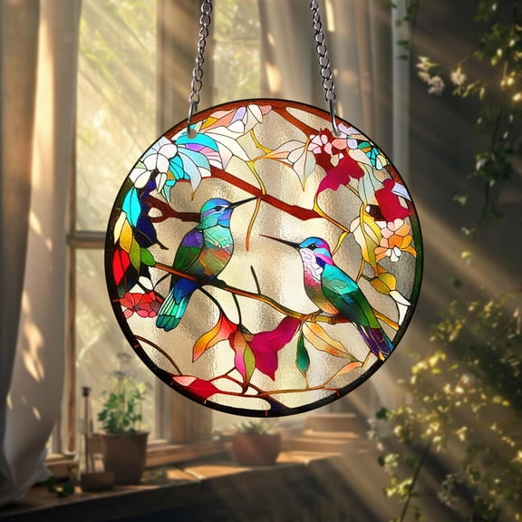 Stained Glass Hummingbird Suncatcher: Round Window Hanging with Flowers, Nature Home Décor Gift