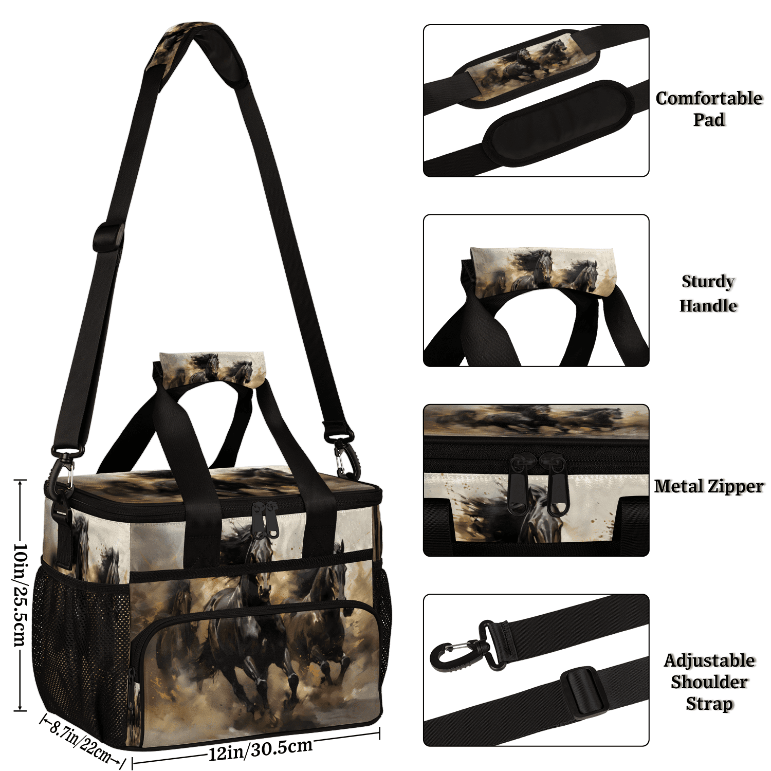 Herdesigns Horse Large Lunch Box for Adults Women Men with Adjustable Shoulder Strap, Insulated Reusable Lunch Bag Leakproof Cooler Tote Bag