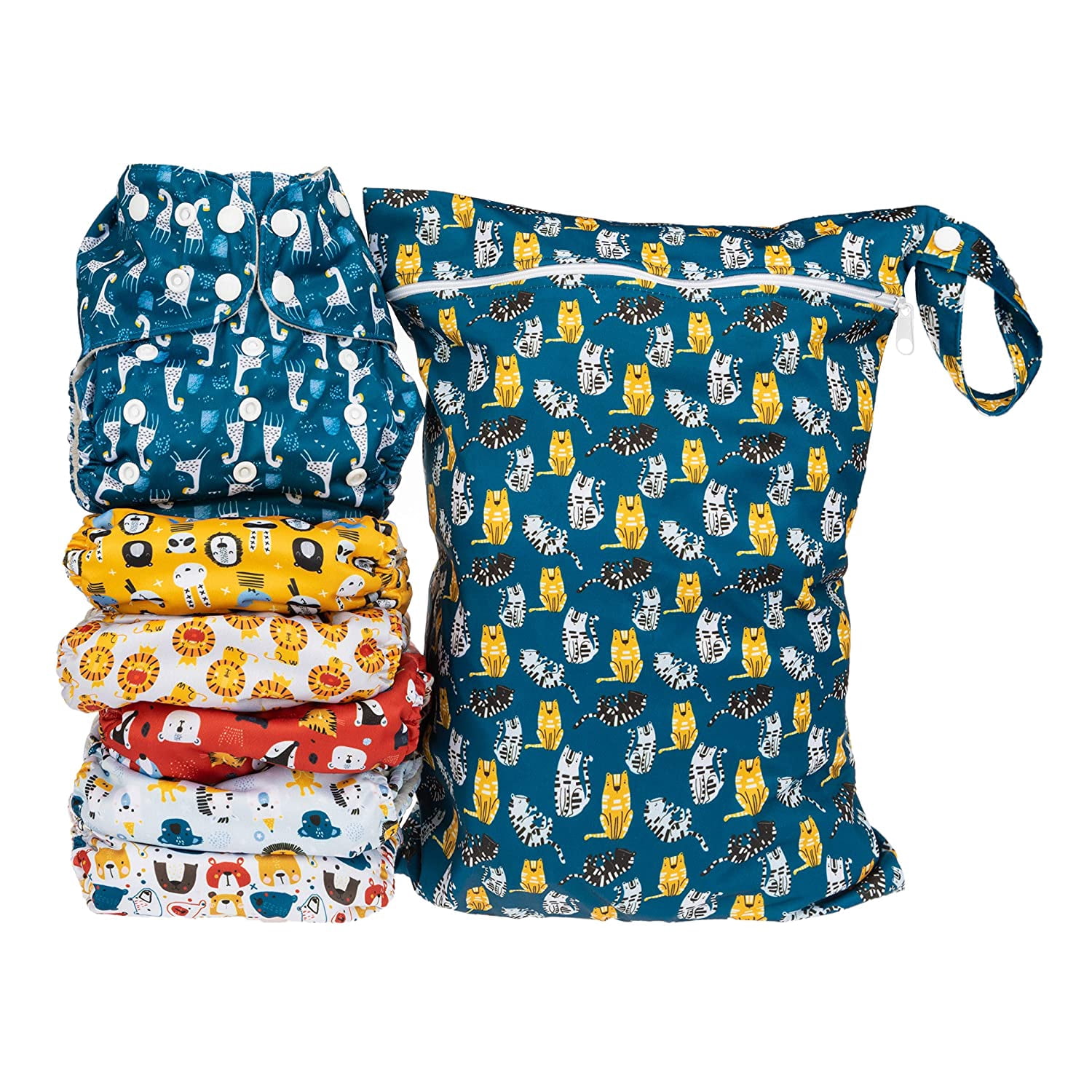 Simple Being Reusable Cloth Diapers,6 Pack Pocket Adjustable Size,Waterproof Cover,6 Inserts,Wet Bag, Double Gusset (Boy Animals)