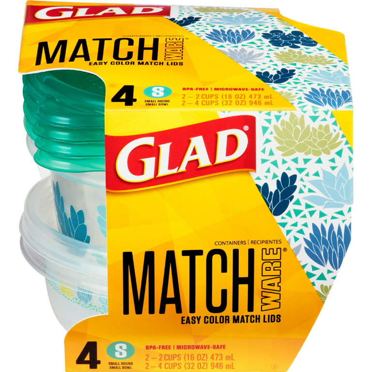 Glad Food Storage Containers - Matchware Round Containers - Two 16 Ounce -  Two 32 Ounce