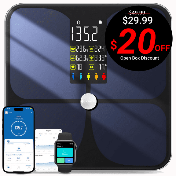 Open Box Checkme F4 6.5" Smart Body Fat Scale: Weight, BMI, Heart Rate & Cardiac Index | 20 Metrics, 399lb Max