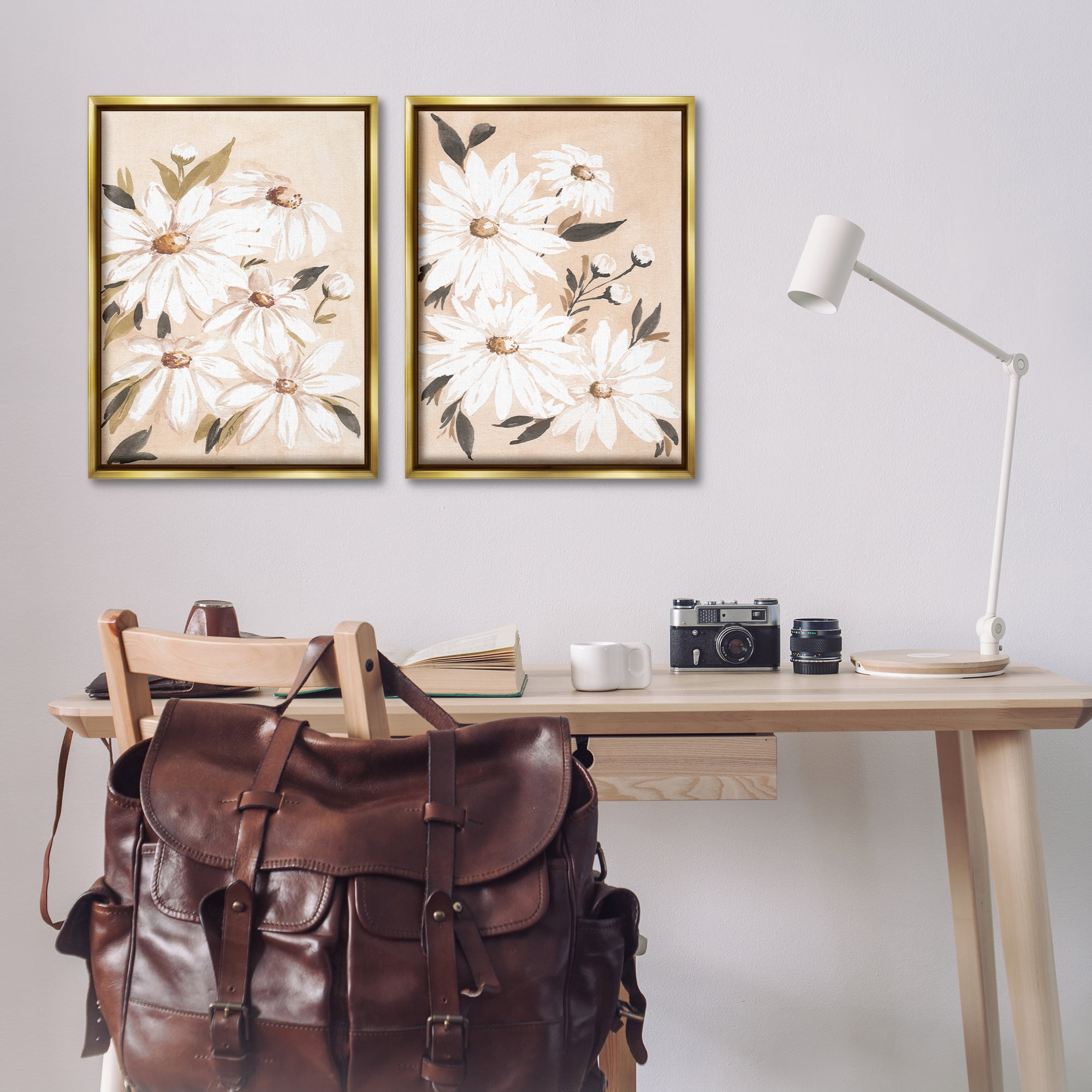 Stupell Industries White Daises on Peach Plants & Flowers Painting Gold Floater Framed Canvas Art Print Wall Art, 21 x 31, Set of 2