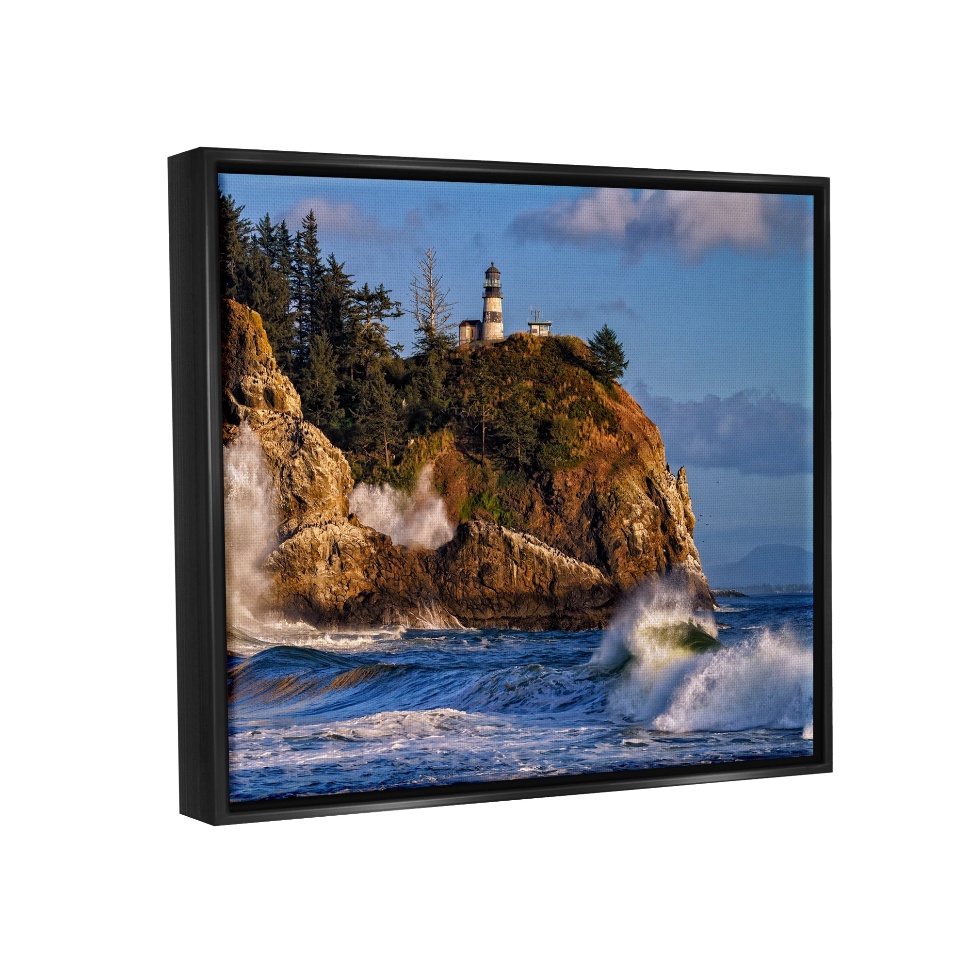 Stupell Rolling Sea Waves Lighthouse Cliff Landscape Photography Black Floater Framed Art Print Wall Art