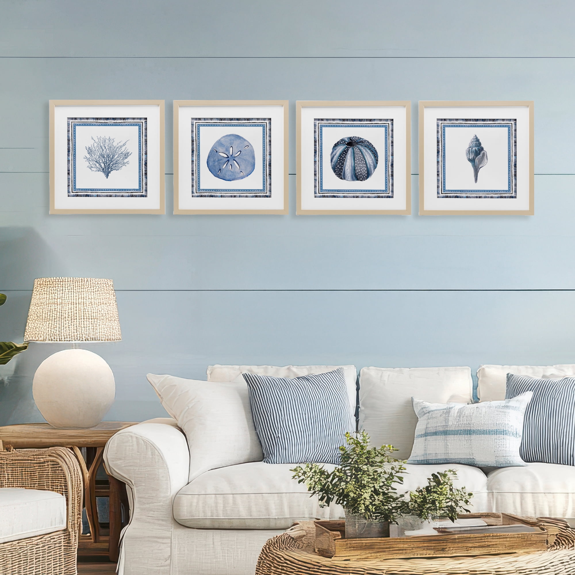Stupell Industries Coastal Teal Bordered Coral 4 Piece Birch Framed Print Under Glass Set, design by Lanie Loreth