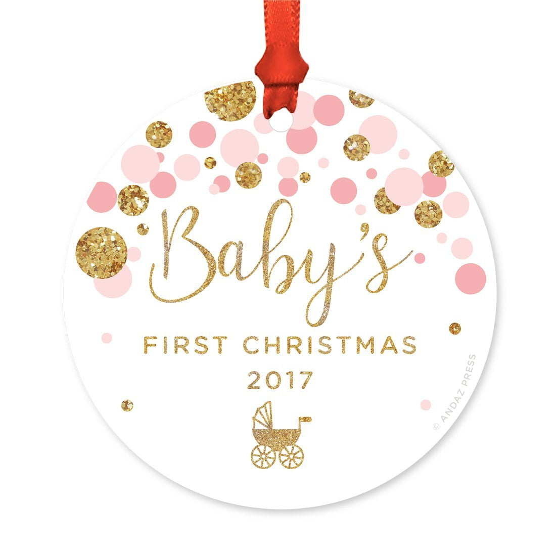 Koyal Wholesale Round Metal Christmas Ornament, Baby's First Christmas 20xx, Pink Gold Glittering Confetti Polka Dots