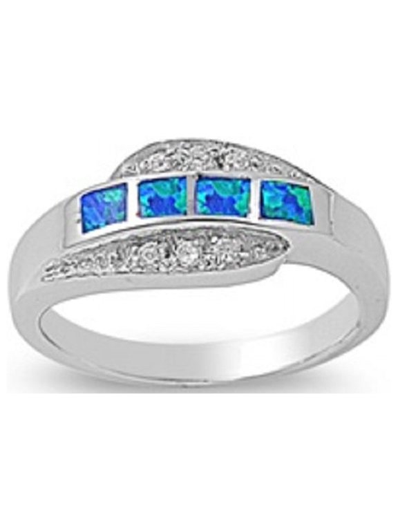 Quad Princess Center Clear Cubic Zirconia Blue Simulated Opal Ring Sterling Silver Size 7