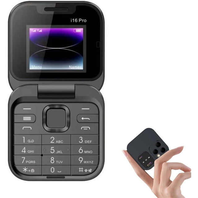 teléfono móvil mini plegable con pantalla pequeña, desbloqueado, 2g, para personas mayores (azul), 2024 mini plegable concha azul, vista frontal abierta que muestra la pantalla LCD interna pequeña, teclado con botones numéricos grandes y tecla de navegación, bisagra central y altavoz; diseño clásico para adultos mayores con volumen alto, batería de litio y 16 GB de almacenamiento. A menudo usado como teléfono de respaldo por su tamaño compacto.