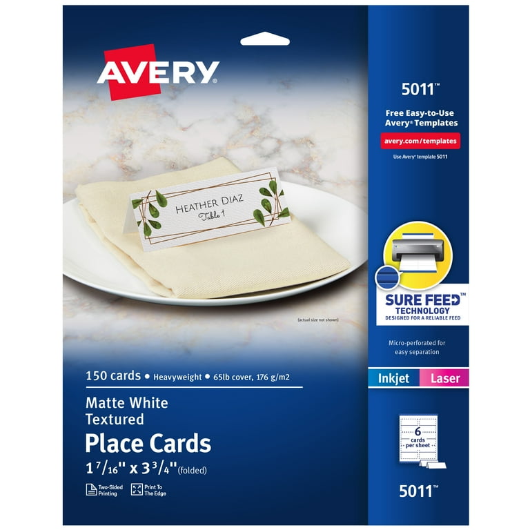 Avery Printable Place Cards with Sure Feed Technology, 1-7/16" x 3-3/4",  Textured White, 150 Blank Place Cards for Laser or Inkjet Printers (5011) -  Walmart.com
