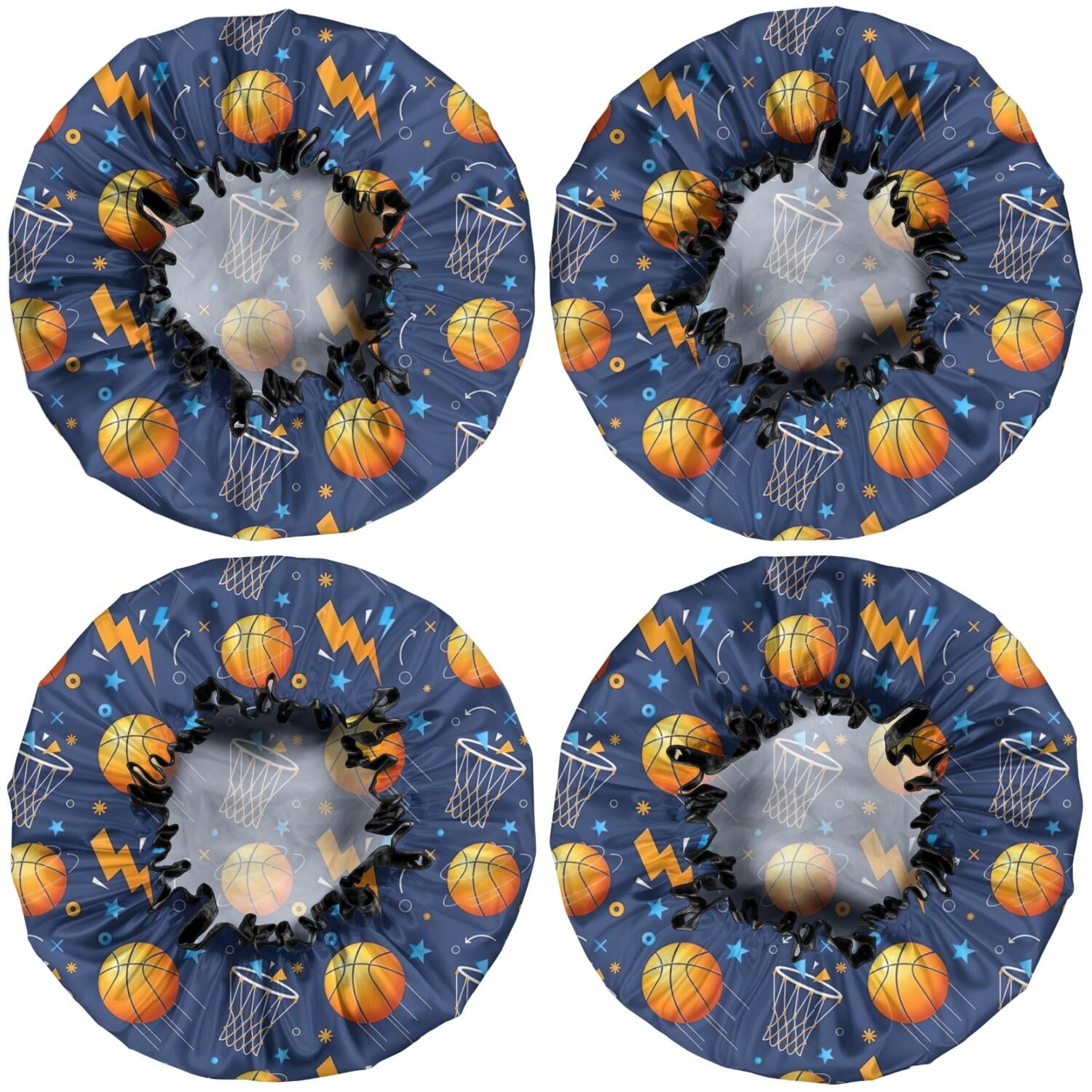 Shower Caps,Basketball Theme Pattern Waterproof Shower Cap for Women 4 Pieces,Double Reusable Hair Cover for Shower PEVA Elastic Stretch Hem