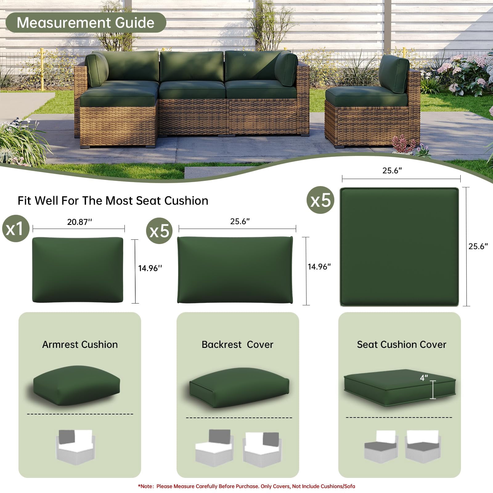 Clouddwell 11-Piece Outdoor Cushion Slipcovers Replacement for 5-Seat Wicker Sectional-Waterproof, Non-Slip Bottom (Black Green)