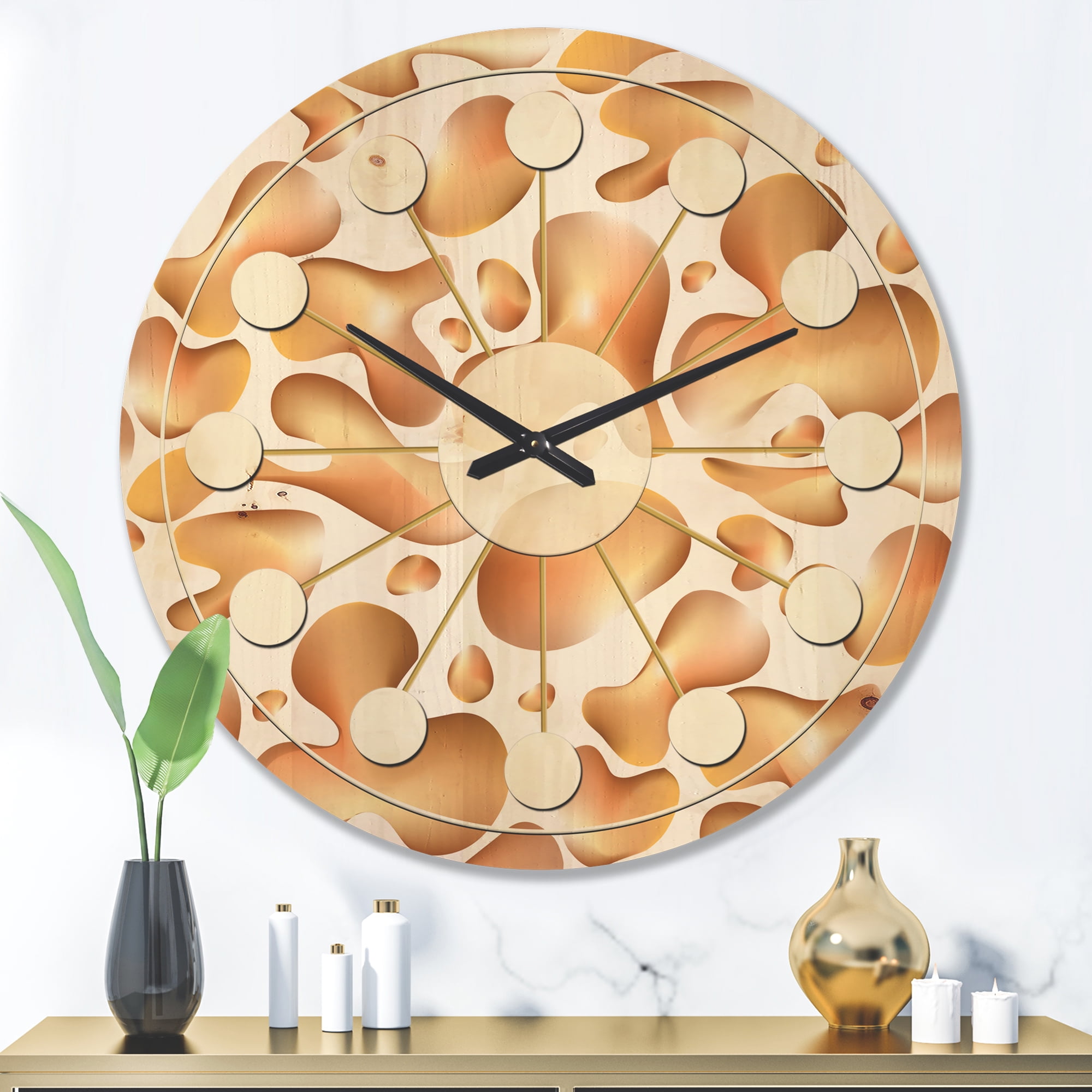 Designart 'Liquid Gold Shapes' Mid-Century Modern Wood Wall Clock